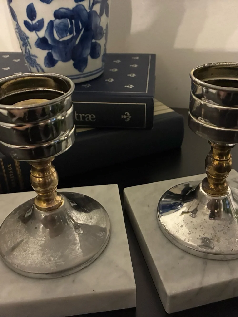Vintage MCM Marble & Brass Metal Candlestick Holders Pair Hollywood Regency